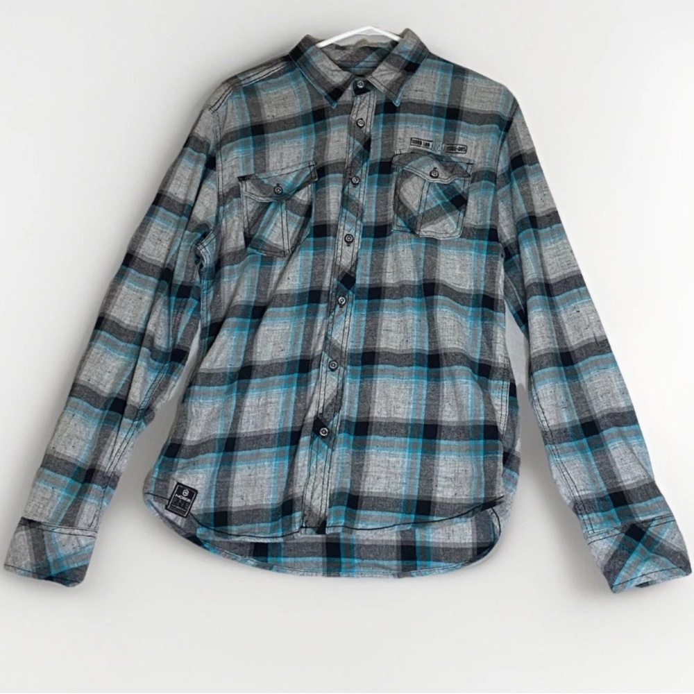 Noize Electric Blue & Grey Plaid‎ Embroidered Soft Mens Button Down Shirt Size M
